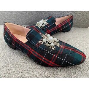 J. Crew Womens Jamie Tartan Plaid Pearl Red Green Embellished Loafer Size 8.5